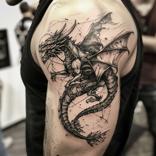 Cool tattoos for men with a gothic dragon on the bicep
