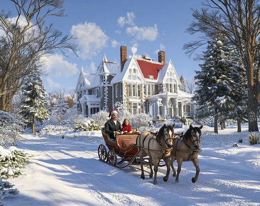 Winter house with horse-drawn sleigh
