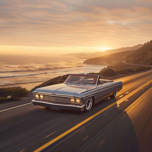 1967 Chevy Bel Air transformed into a sleek roadster cruising on the Pacific Coast Highway at sunset