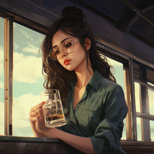 Girl in glasses drinking on a train animated