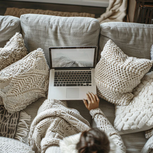 Person typing on a laptop, sitting on a cozy sofa surrounded by pillows