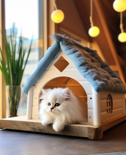 White cat on a cat house, meticulous design, warm and soft