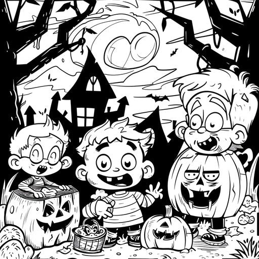 Cartoon Halloween with fun characters in the style of Butch Hartman Coloring book page