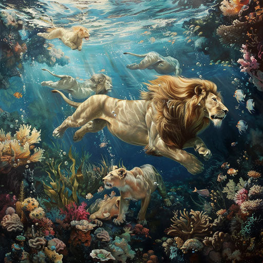 Lions swimming among coral reefs