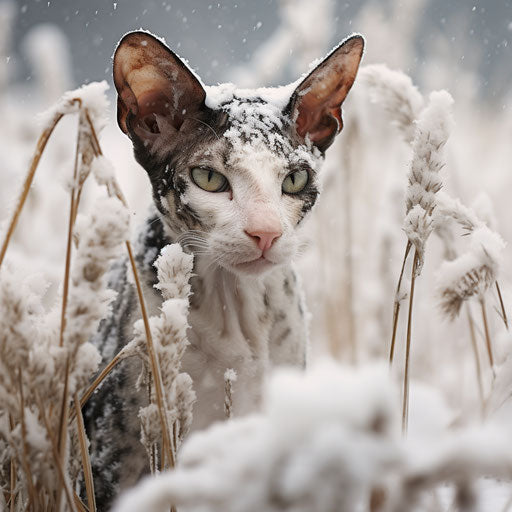 Cornish Rex cat in snowy field