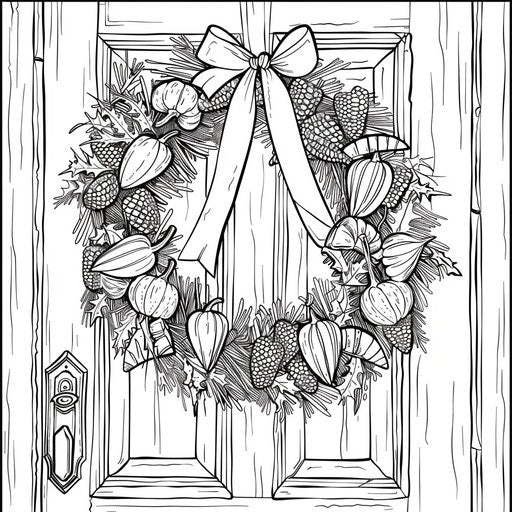 Candy corn wreath on door, detailed illustration