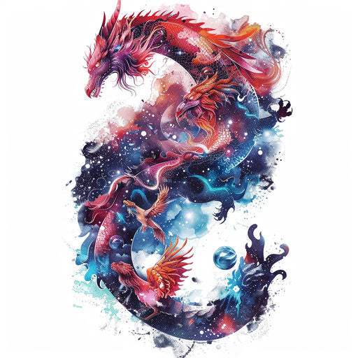Surreal galaxy tattoo artwork combining space elements with fantasy, like dragons or phoenixes, set against a white background.