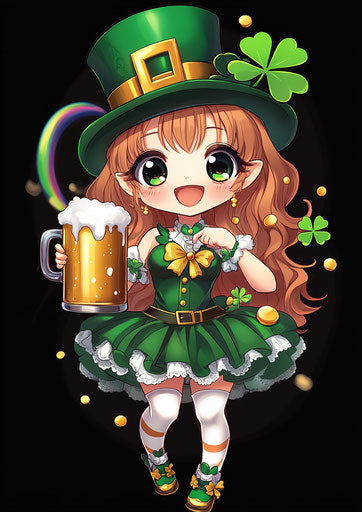 St. Patrick's Day girl with rainbow, pot of gold, and beer
