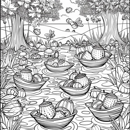Acorn stream: whimsical scene of acorns floating like little boats