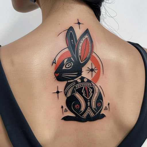 Stylized flat tattoo sketch of a black rabbit with tribal marks