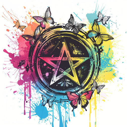 Whimsical tattoo sketch in clipart style, an anarchy symbol surrounded by butterflies, colorful palette