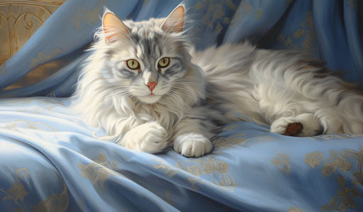 Fluffy cat on bed under light in silver and light blue style