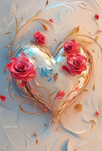 3D vector heart with roses and swirls on pastel background