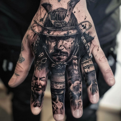 Samurai hand tattoos, in the style of Ami James