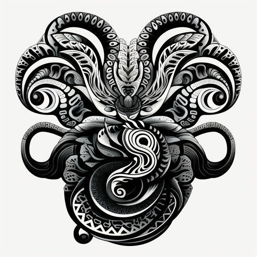 Black and white tribal tattoo with intricate details