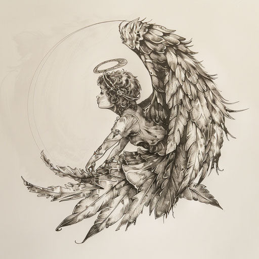 Vintage guardian angel with detailed feathers and halo, tattoo on pure white canvas