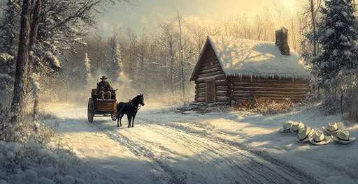 Snowy cabin with horses and sleighs, master and dog