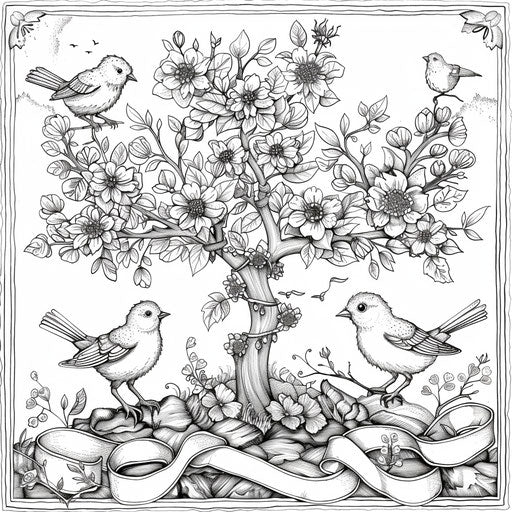 Birds decorating tree with ribbons and flowers