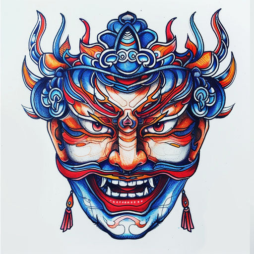 Traditional Korean mask tattoo, brightly colored, on pure white