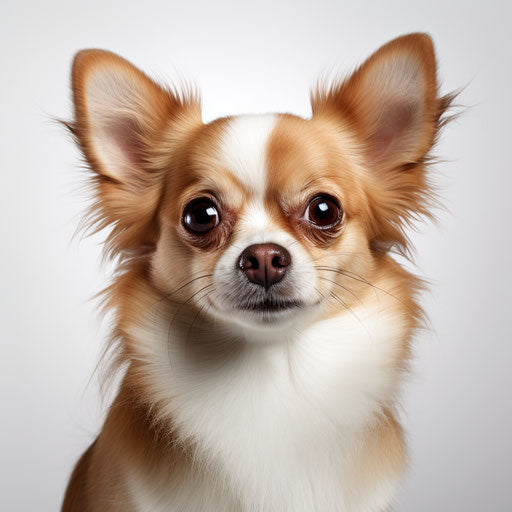 Chihuahua dog on white background in light maroon and gold