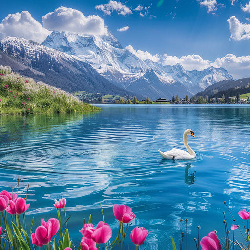 Swan floating on serene blue lake with snow-capped mountains