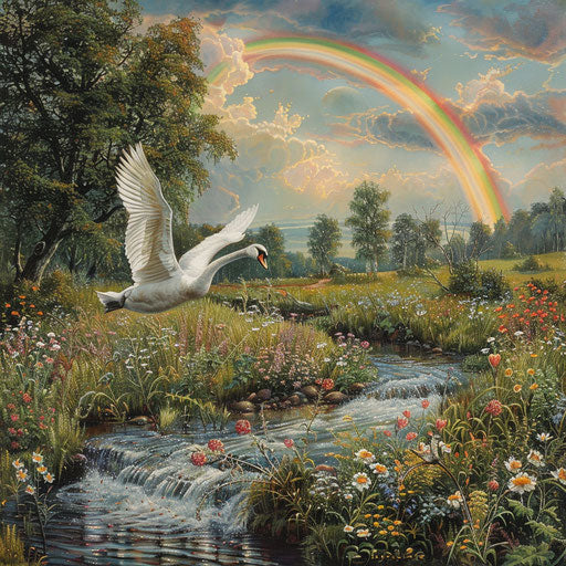 Swan flight over babbling brook with rainbow