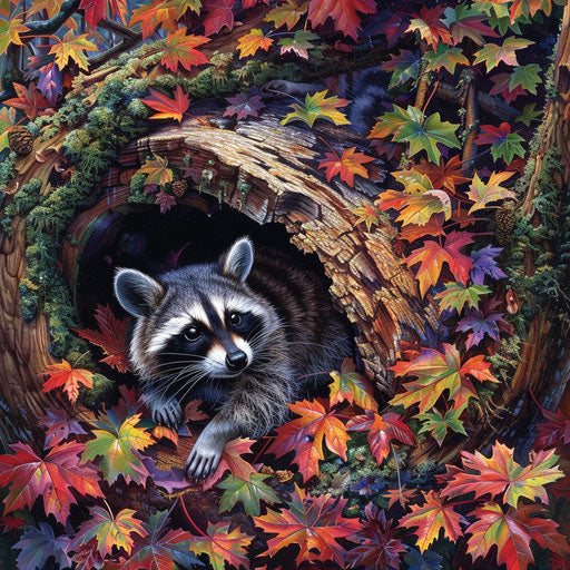 A raccoon examining a hollow log surrounded by autumn leaves in a rich, colorful forest