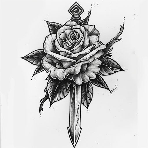 Sketch of a Chicano art rose with dagger, vibrant and detailed