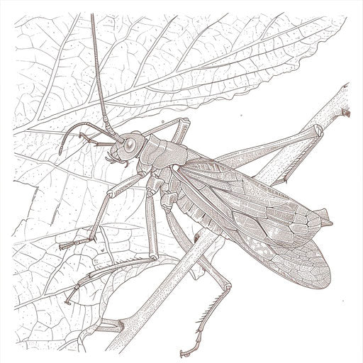 Leaf insect camouflaged on leaf, coloring book page