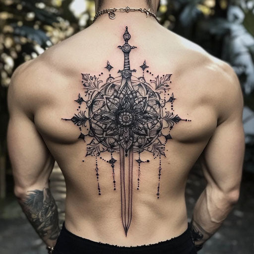 Mandala tattoo man depicting a mandala with sword and shield elements, symbolizing protection, in the style of Adrian Smith