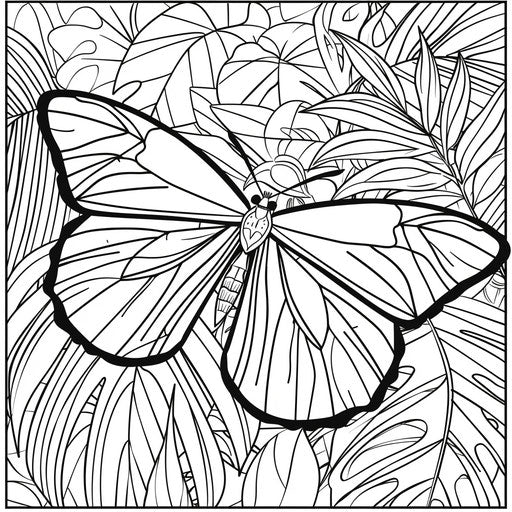 Butterfly on a jungle leaf. Coloring book page