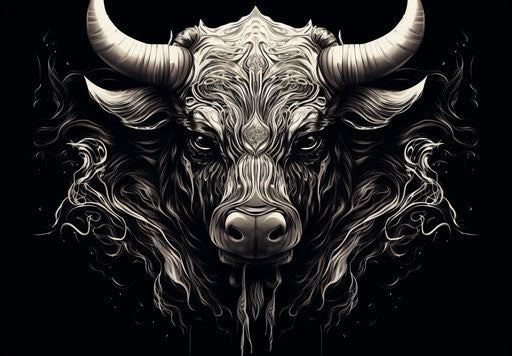 Bull head with horns in black and white, intricate geometric style