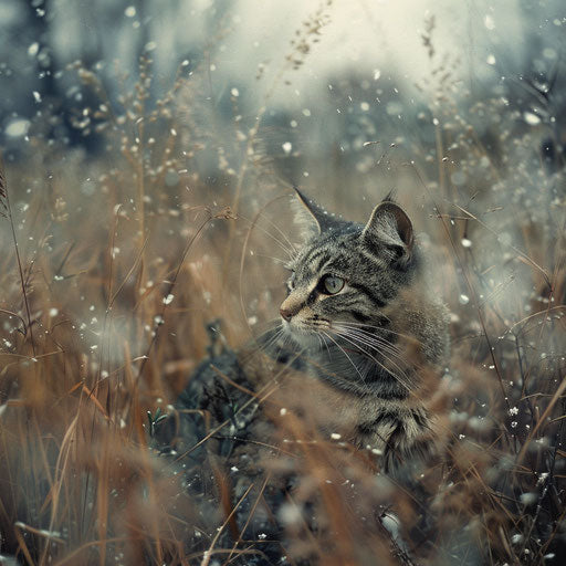 Tortoise cat in a field while it is snowing