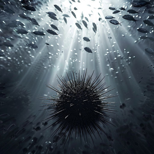 Sea urchin in crystal-clear waters with a school of fish