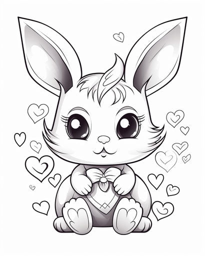 Cute kawaii bunny on white background with hearts, coloring page