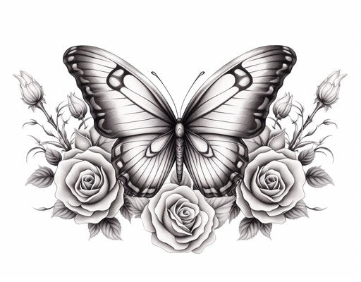 Handmade vintage tattoos illustration with rose and moth, cottagecore style, black and white art 76:59