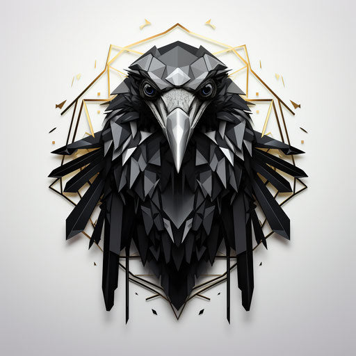 Geometric surrealism rendition of white and black raven badge