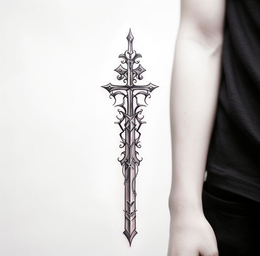 Medieval sword tattoo, gothic black and white style