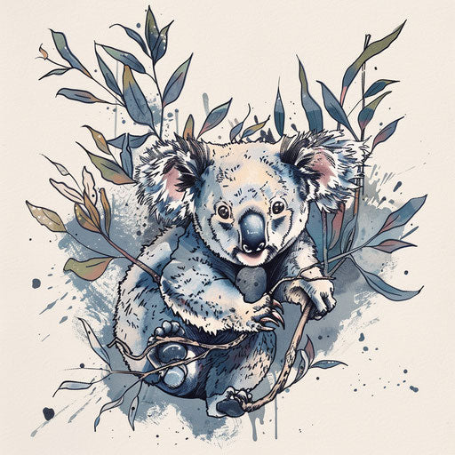 Dynamic flat tattoo sketch of a koala leaping playfully among branches