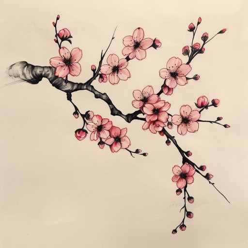 Bold flat tattoo sketch of a sakura branch with dark, dramatic shading