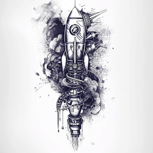 Retro-futuristic rocket tattoo design with mechanical details and steam