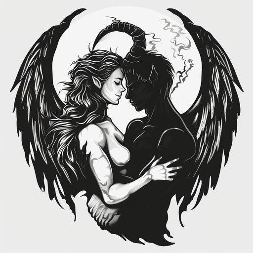 Angel and devil embracing: elegant flat tattoo sketch