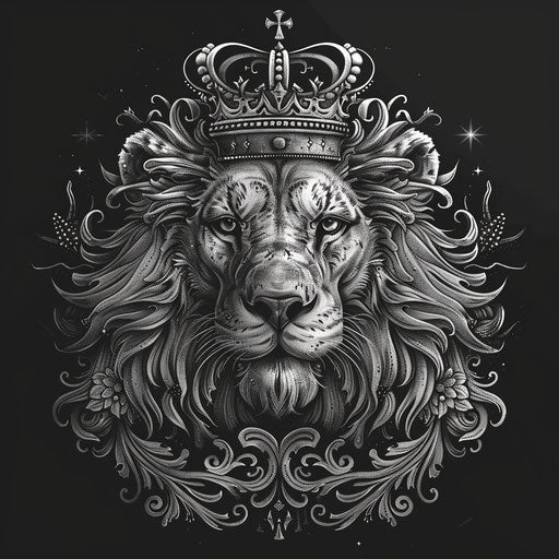 Flat gothic tattoo sketch of a lion with crown