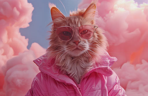 Cat with sunglasses and pink jacket, hair wig, cloud