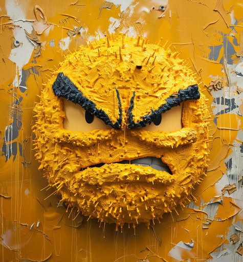 Yellow angry emoticon face in the style of Sopheap Pich