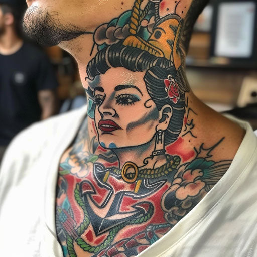 Men's neck tattoo with classic pin-up girls and anchors