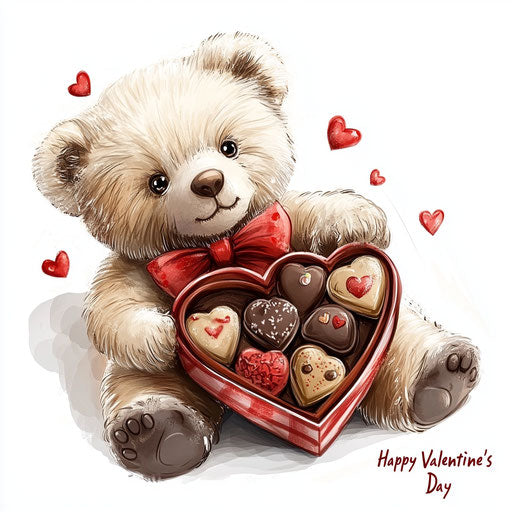 Adorable bear in heart-shaped chocolate box