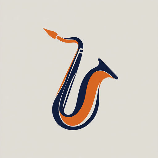 Minimalist music logo with sleek saxophone outline integrated with refined typography in vibrant orange and navy blue palette isolated on flat light gray background.
