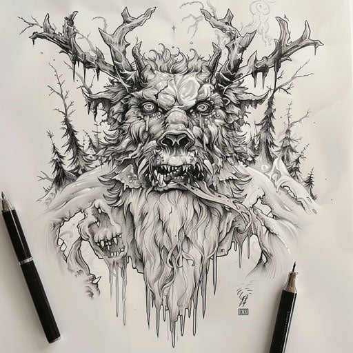 Flat tattoo sketch of a Wendigo with icy breath and frozen landscape details
