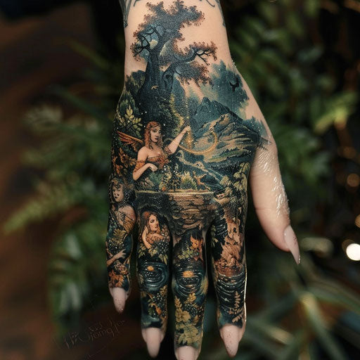 Epic narrative hand tattoo of celestial beings for women